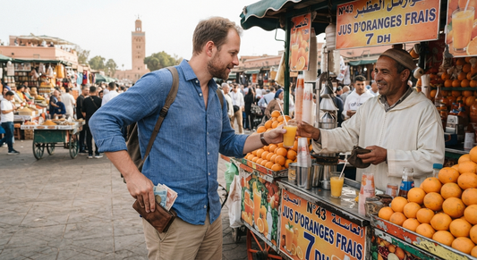 Voyageur consultant son budget de voyage devant une vue sur Marrakech