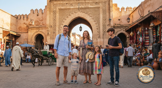 Famille de voyageurs se promenant dans une rue de Marrakech avec des enfants